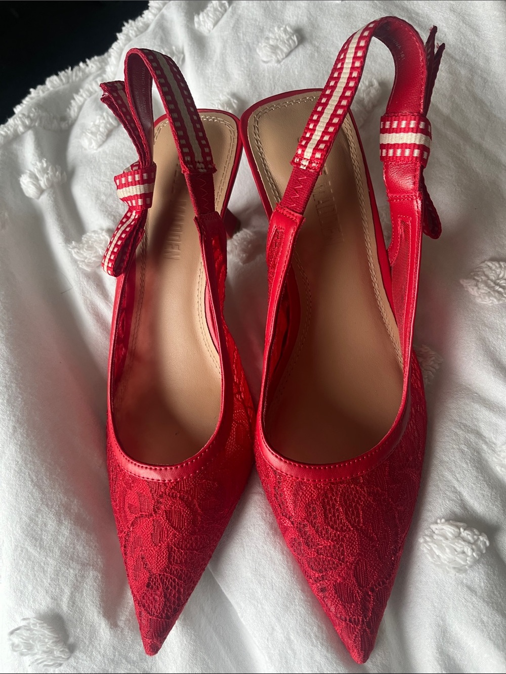 Steve Madden Red Lace Pointed Slingback Heels with Ribbon Accent